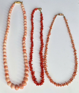 Lot 121 - 3 x Coral necklaces - red & pink