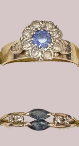 Lot 127 - 2 x 9ct gold Rings - high set light blue sapphire surrounded by tiny w