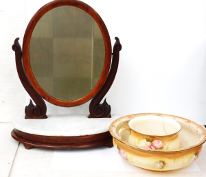 2 pces Victorian inc Cedar Toilet Mirror with scrolled sides & marble top &a