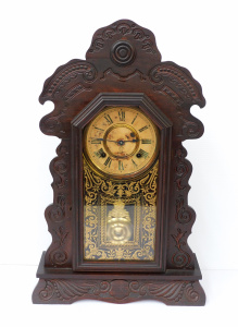 Vintage Ansonia Mantle clock - carved case with pedulum & keys 57cm H