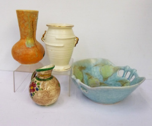 4 x Vintage1940s - 50s English China inc, Beswick drip glazed vase and blue bow