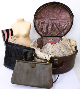 Group lot of Ladies Vintage Items inc, Fibreboard Hat Box, Australian Lizard Ski