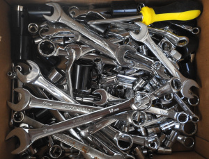 Box Lot of Mostly Spanners & Sockets incl Chrome Vanadium Tools,Other Assort