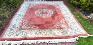 Large Woolen Chinese Rug in Salmon Pink w Traditional Patterns - Approx 340cm x Large Woolen Chinese Rug in Salmon Pink w Traditional Patterns - Approx 340cm x