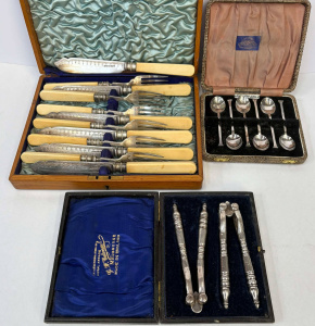 3 x boxed sets - c1900 wooden cased epns Fish cutlery for 6, pr nutcrackers &