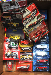 Box lot of Diecast Scale Mosdel Cars incl Hot Wheels, Majorette, Corgi etc