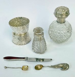 Grp - glass Scent bottle with stopper & hmarked silver top & smaller wit