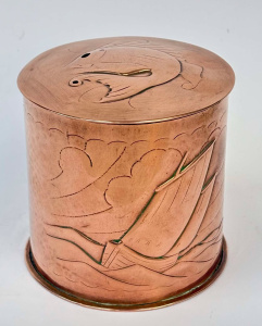 Herbert Dyer, UK, Arts & Crafts copper lidded jar feat fish, yacht, etc 10cm