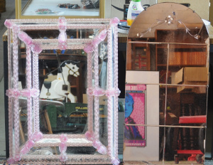 2 x Vintage Wall Mirrors inc Venetian with applied pink borders, leaves & r