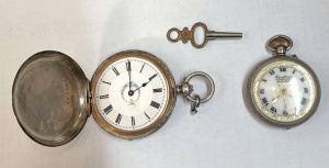 2 x c1900 silver Fob Watches - ladies Dunklings half hunter & hunter with ke