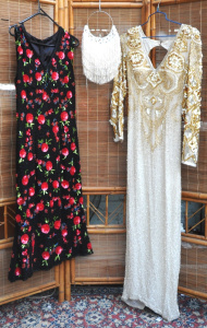 2 x Ladies Dress & Gown incl calf length black evening dress with floral bea 2 x Ladies Dress & Gown incl calf length black evening dress with floral bea