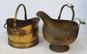 2 x large vintage Brass Coal Scuttles - 1 with Porcelain handles, the other hand 2 x large vintage Brass Coal Scuttles - 1 with Porcelain handles, the other hand