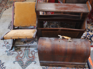 3 x pieces - old Singer Sewing Machine w dome top cover, vintage Magazine Rack