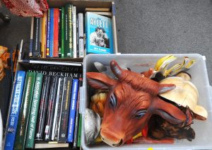 Box Lot of Vintage Plastic Animal Masks & 2 x Boxes of Sporting Books incl B