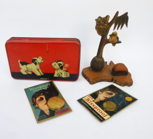 Group lot of Vintage 1930s Items inc, Pokerwork matchbox holder with gumnut, koa