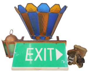 Group Lot of Vintage Lighting inc Old Exit Sign, Lead Light Shade etc