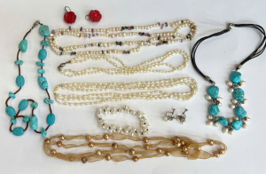 Grp pearl necklaces, bracelet, turq Necklaces, earrings etc