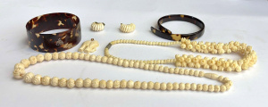 Grp jewellery - carved bone necklaces, elephant pendant, 2 tortoiseshell bangles