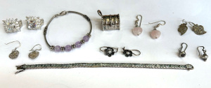Grp mostly marked Silver jewellery - trunk charm, 2 x bracelets, earrings, Zirco