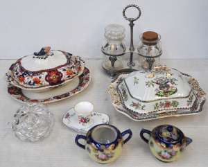 Lot of Vintage Ceramic & Glass Items incl Victorian Lidded Tureens, Cut Crys