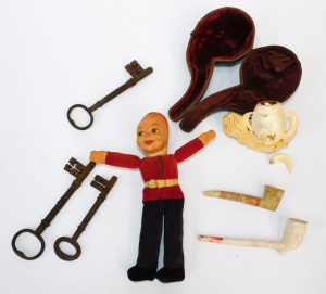 Mixed Group vintage inc Norah Wellings doll, Carved meerschaum pipe (af) Clay pi