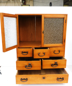 Vintage small Pine Japanese Cabinet - Lower 6 drawer with glazed cupboard to top