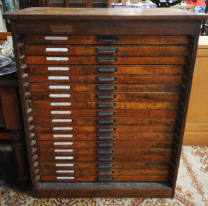 Lot 1 - Vintage Oak Bank of MapPlan Drawers - 18 drawers- Brass handles & ti