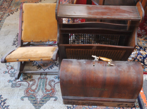 Lot 10 - 3 x pieces - old Singer Sewing Machine w dome top cover, vintage Magazi