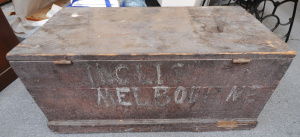 Lot 15 - Vintage Victorian Wooden Trunk Marked Inglis, Melbourne to Back - Appr Lot 15 - Vintage Victorian Wooden Trunk Marked Inglis, Melbourne to Back - Appr