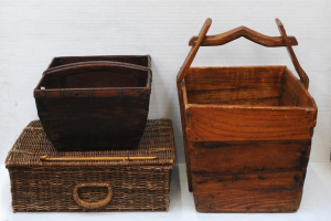 Lot 16 - Small lot - 2 x Eastern Hardwood Handled Boxes + old Cane Lidded Basket Lot 16 - Small lot - 2 x Eastern Hardwood Handled Boxes + old Cane Lidded Basket