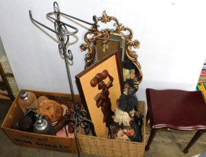 Lot 29 - 2 Boxes plus Mixed inc Enamel coffee pot, metal towel stand, side table