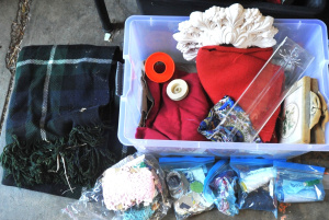 Lot 32 - Box lot of Assorted Fabrics & Craft Items incl Green Tartan Wool Bl