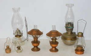 Lot 33 - Group oil lamps inc pair of Copper 19cm H, Brass, Clear glass mountable