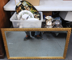 Lot 37 - Group lot - Large Gilt framed Bevelle Edged Mirror + Box mixed items in