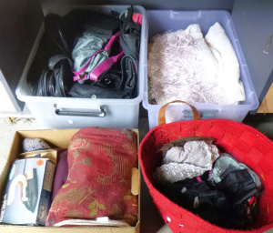 Lot 39 - 4 x Boxes of Assorted items inc, ladies bags & clothing, large frin