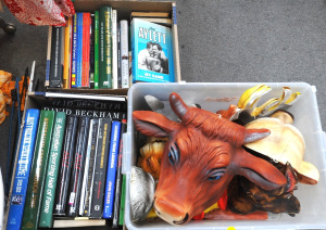 Lot 44 - 3 x boxes - Vintage Plastic Animal Masks & Sporting Books incl Pete