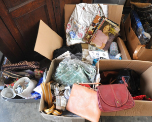 Lot 51 - 4 x Boxes of Assorted Handbags, Napery, Fabrics & Ladies items incl