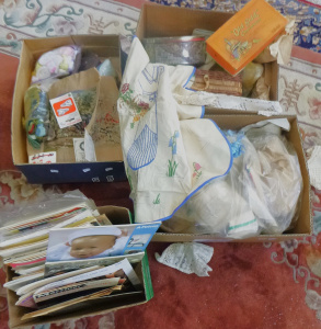 Lot 68 - 4 x Boxes mostly vintage craft, knitting, napery tapestry & croche