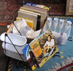 Lot 70 - Group lot of Mixed Items Incl Records, Napery, Assorted Books & Oth