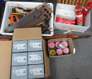 Lot 71 - Group incl 2 x Boxes of Vintage Tools, 2 x Vintage Sash Clamps, Box of