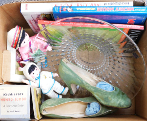 Lot 73 - Mixed Box lot inc Large French Crystal Bowl,1950s Pale Green suede shoe
