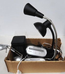 Lot 76 - Box Assorted Electrical Items incl Bedside Lamps, AWA Bluetooth Alarm C