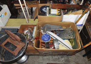 Lot 77 - 4 x boxes Assorted Goods incl Ceramics, Glassware, Spirit Level, Pict