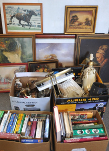 Lot 79 - 4 x Boxers of Assorted Goods incl Books, Framed Paintings & Pics, D