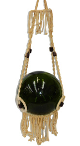 Lot 83 - Large vintage hand blown Green Glass Buoy in 1970s Macrame Plant Hanger