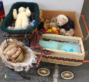 Lot 89 - Large Group Toys & Dolls - box w Soft Toys, dolls, etc + 3 x Dolls