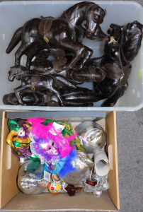 Lot 101 - 2 x Boxes mixed inc Leather covered horses, Harlequin Jester dolls, Gl