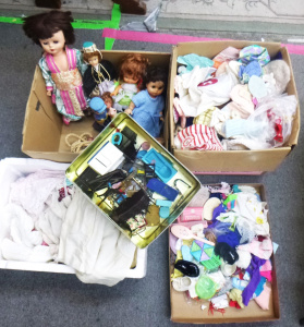 Lot 105 - 4 x Boxes of assorted vintage dolls, dolls house accessories furnitur