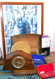 Lot 114 - Mixed group inc Vintage mantle clock, Brass Gong, Canteen cutlery box,