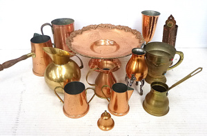 Lot 129 - Group vintage copper & brass items inc goblets, bell, creamer jugs